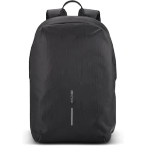 A black soft backpack featuring a minimalist design and a logo. Ideal for everyday use or casual outings.