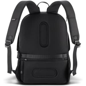 A black backpack with padded straps and a smooth back panel, featuring a logo and a sleek design.