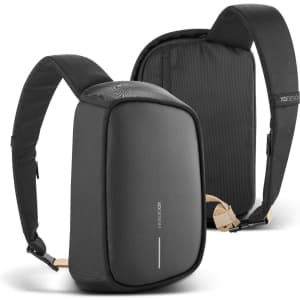 A black sling bag with adjustable straps and a compact design, featuring a logo on the strap.