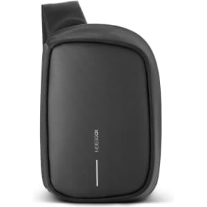 A black promotional product with a sleek design and a strap, featuring a logo on the front.