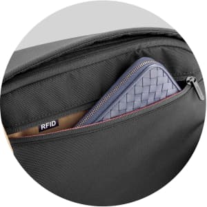 A black bag featuring an exterior pocket with a blue wallet and RFID tag visible inside.