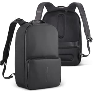 A black gym bag with a sleek design, featuring shoulder straps and a front pocket. The bag also includes a logo.