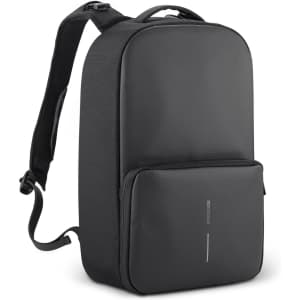 A black gym bag with a large main compartment and a front zip pocket, featuring adjustable shoulder straps.
