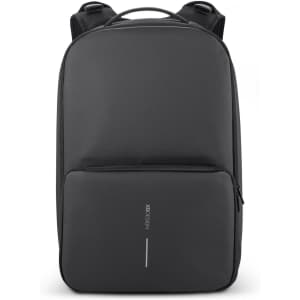 A black gym bag with a front zip pocket and adjustable straps, featuring a logo on the front.