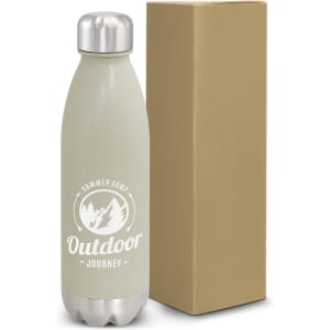 A drink bottle in a natural beige colour with a metallic silver cap, beside a plain cardboard box.