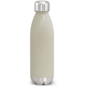 A drink bottle in a natural beige colour with a metallic silver cap and base, featuring a logo.