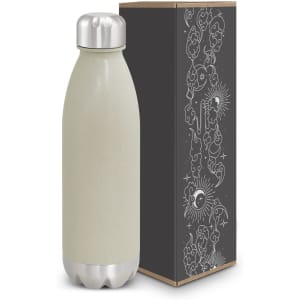 A drink bottle in natural beige with a stainless steel cap, accompanied by a decorative box featuring intricate designs.