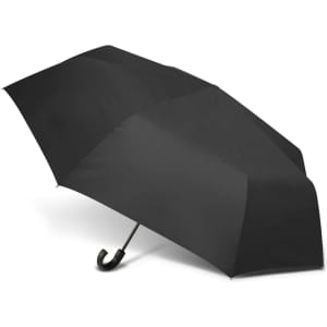 A black umbrella featuring a curved handle and a smooth canopy design. It includes a logo on the handle.