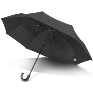 A black umbrella with a curved handle and a sleek design, featuring a logo on the fabric.