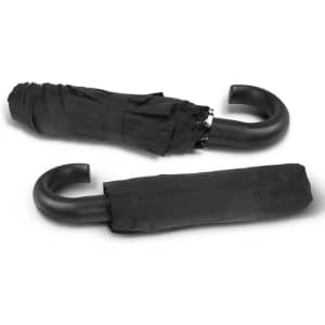 A black umbrella, partially opened and closed, with curved handles and a simple design. It features a logo.