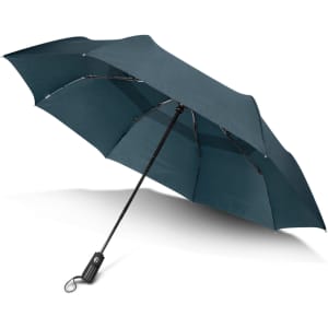A dark teal umbrella with a curved handle and a black shaft, featuring a branding logo.