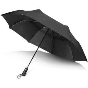 A black director umbrella with a sturdy handle and multiple ribs for stability. It features a sleek design and a logo.