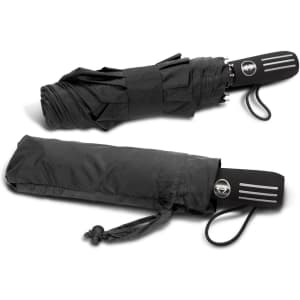 A black compact umbrella with a handle and a matching cover, featuring a logo on the handle.