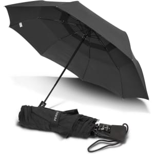 A black Metropolitan Umbrella, opened fully, with a folded version displayed next to it. It features a logo.