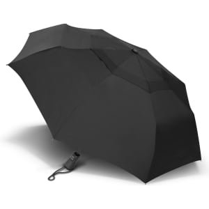 A black metropolitan umbrella with a compact design and a strap for easy carrying. It features a logo.
