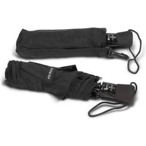 A black Metropolitan umbrella folded and partially opened, featuring a handle and carrying strap.