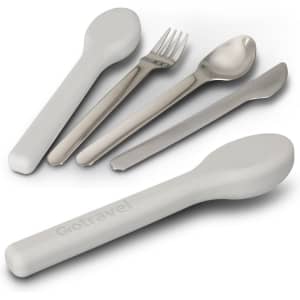 A travel cutlery set featuring stainless steel fork, spoon, knife, and grey silicone carrying case.