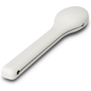 A white travel cutlery set featuring a spoon with a sleek, modern design. The item has a logo.