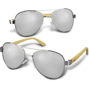 Aviator-style sunglasses with mirrored lenses and bamboo arms in silver and natural wood tones.