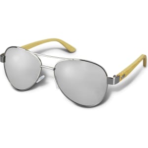 Aviator-style sunglasses with mirrored lenses and bamboo arms, featuring a sleek silver frame.