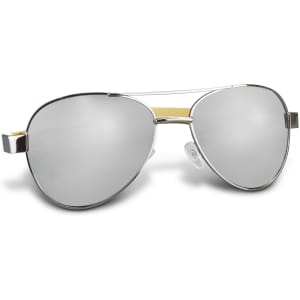 Aviator sunglasses with a silver mirror lens and bamboo arms, featuring a sleek design and a logo.
