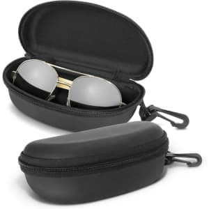 A black hard case holding aviator sunglasses with mirror lenses, featuring a zippered closure and clip attachment.