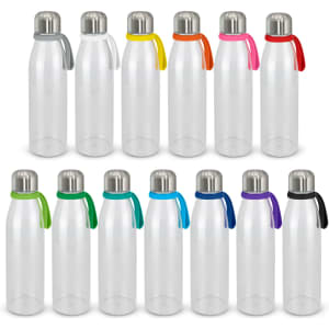 A drink bottle collection featuring clear glass with metallic lids and colourful silicone grips in various hues.