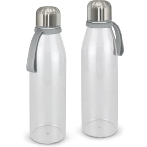 A drink bottle with a transparent body, stainless steel top, and a grey silicone strap. It features a logo on the cap.