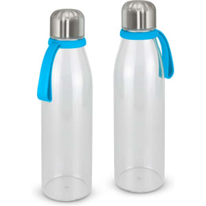 A drink bottle featuring a clear body with a silver lid and blue silicone grip. Includes branding on the lid.