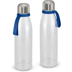 A drink bottle set featuring clear glass bottles with silver caps and blue silicone straps. Each bottle is sleek and modern.