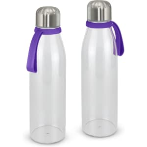 A drink bottle with a clear body and metal cap, featuring a purple silicone strap. It has a logo on the body.