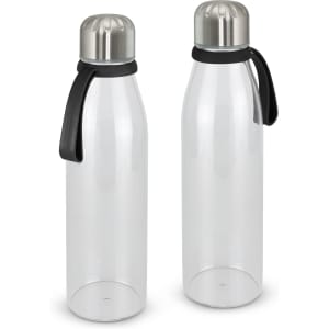 A drink bottle with a clear glass body and a silver metal cap, featuring a black silicone strap.