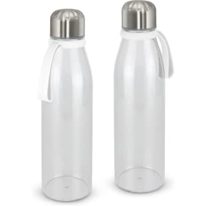 A drink bottle featuring a transparent body and silver metal lid, with a white handle on each bottle.