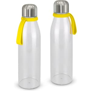 A drink bottle in clear plastic with yellow rubber grip and silver cap, featuring a logo on the side.