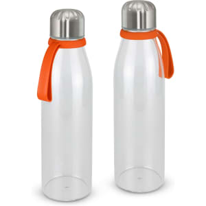 A drink bottle with a clear body, silver top, and orange handle, featuring a logo on the side.
