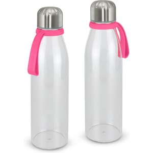 A drink bottle with a clear body and metal lid, featuring a pink silicone strap. Two bottles are displayed.