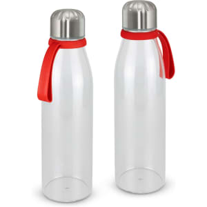 A drink bottle with a clear body and stainless steel cap, featuring a red silicone strap. It has a logo on the cap.
