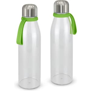 A drink bottle with a clear body, silver cap, and green silicone strap, featuring a logo on the design.