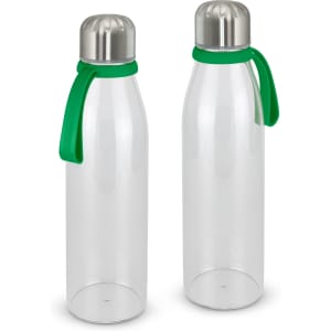 A drink bottle with a clear body, stainless steel cap, and a green silicone strap. Features branding on the cap.
