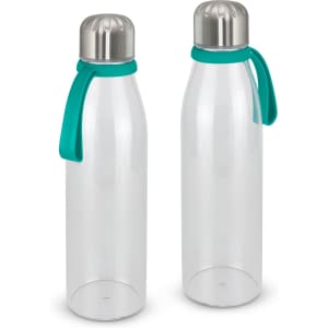 A drink bottle with a transparent body, stainless steel cap, and turquoise silicone strap. It features a logo.
