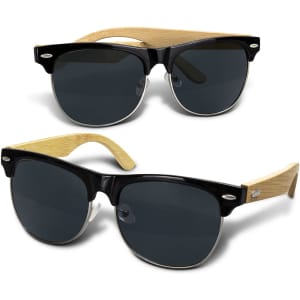 Maverick sunglasses featuring black frames with bamboo arms and dark lenses, displaying a stylish and eco-friendly design.