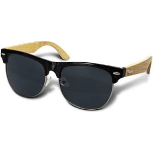Maverick sunglasses featuring black frames and bamboo arms, with grey lenses and a stylish design.