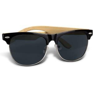 Maverick sunglasses featuring a black frame and bamboo accents, with dark lenses. Includes a logo.