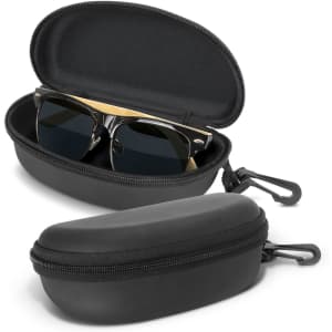 A pair of black Maverick sunglasses inside a black hard case, featuring a logo on the case's exterior.