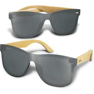 Ryder Mirror Lens Sunglasses featuring a grey lens and bamboo arms, with a logo on the frame.