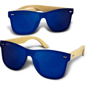Ryder mirror lens sunglasses with blue lenses and bamboo arms, featuring a logo on the frame.