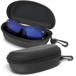 A pair of blue mirror lens sunglasses nestled in a black zippered case. The case is partially open to reveal the sunglasses inside.