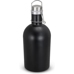 A drink bottle in a matte black finish with a stainless steel lid and a flip-top closure.