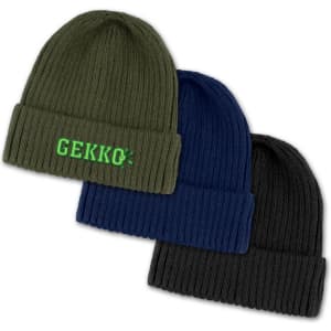 A set of three beanies in olive green, navy blue, and black, featuring a logo on the olive green one.