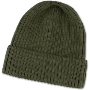 A green beanie with a ribbed design, featuring a folded cuff. It has a logo on it.